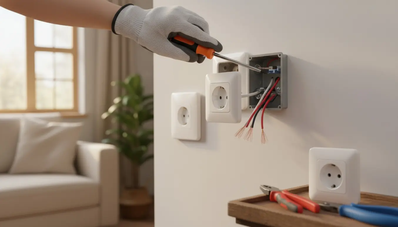 Hænder i handsker reparerer en åben stikkontakt med skruetrækker og ledninger i en lys stue.