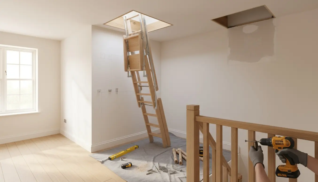 Håndværker monterer trappestige til hems og flytter gelænderet, omgivet af værktøj og savsmuld.
