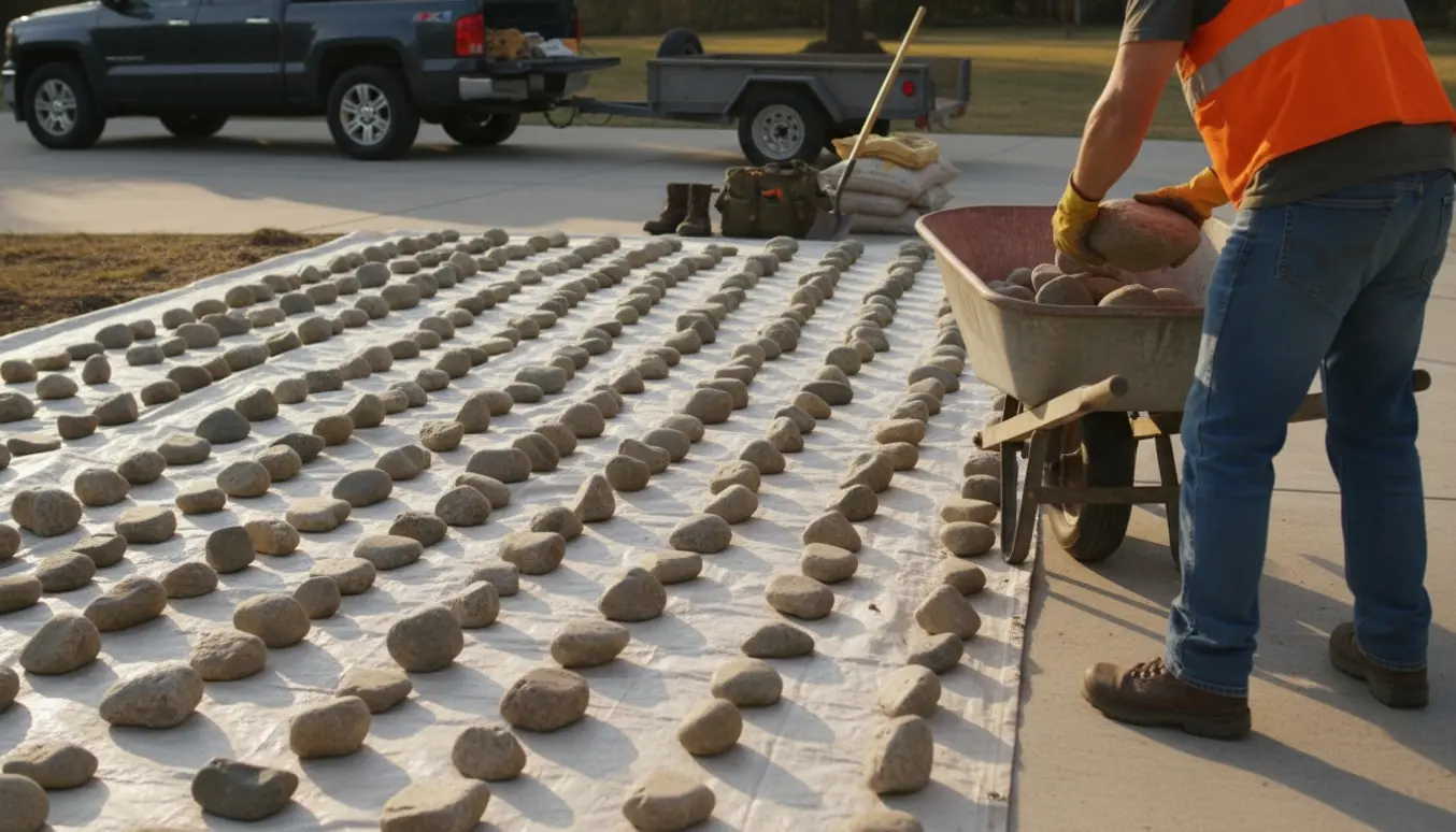 Sten samlet på en presenning ved en indkørsel, klar til at blive kørt væk.
