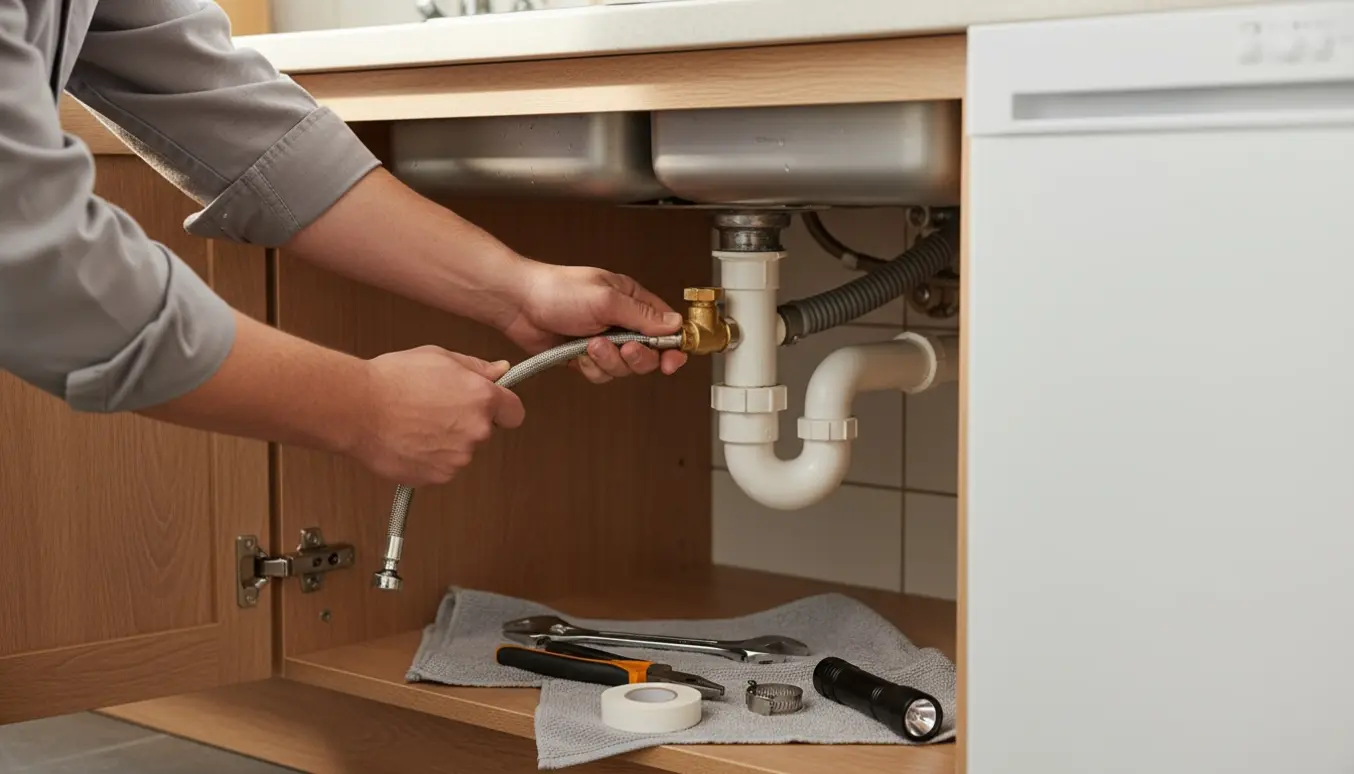 Hænder forbinder opvaskemaskinens slange til vand- og afløbsrør under et køkkenskab.