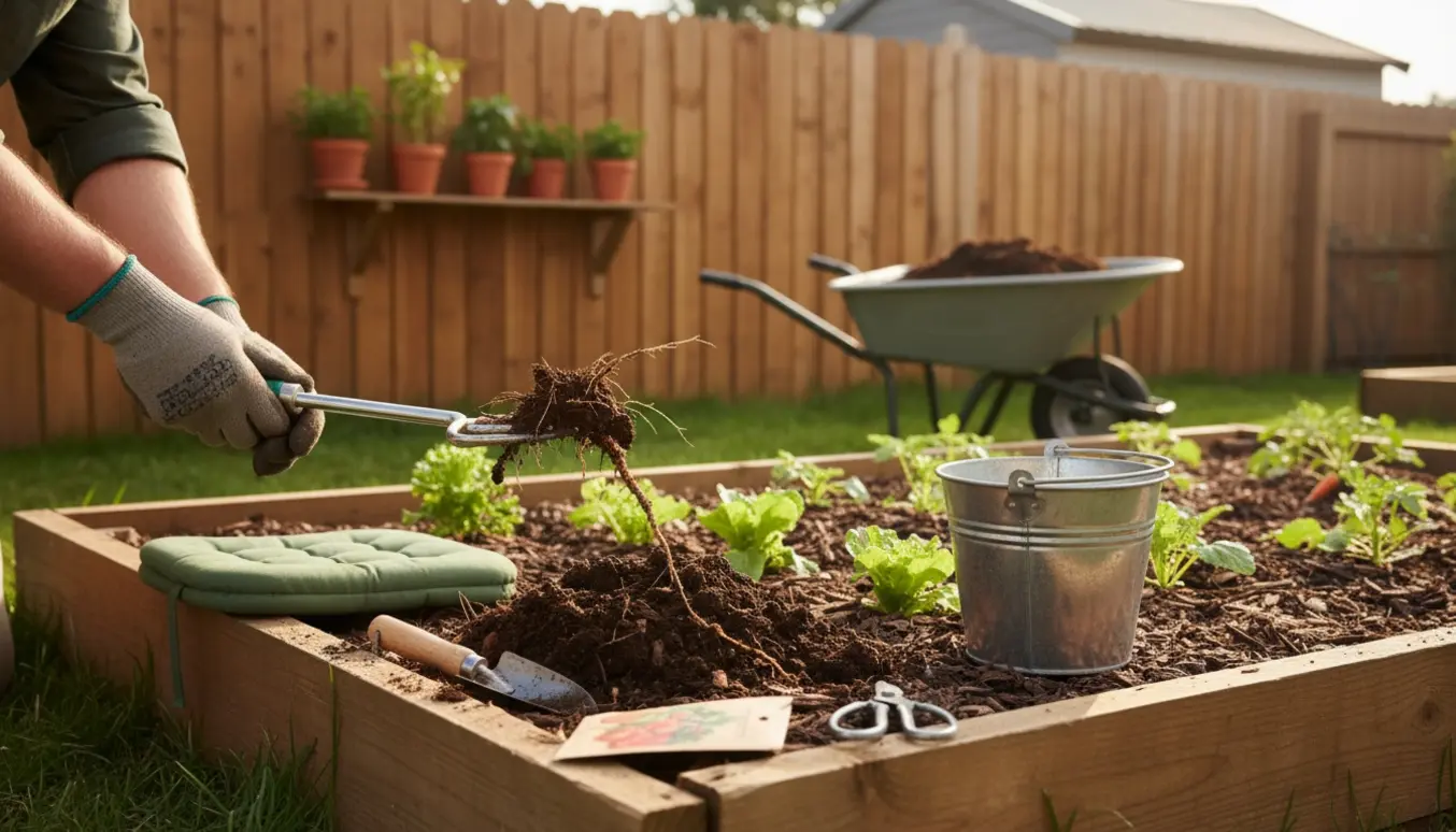 Nærbillede af hænder, der luge ukrudt i en bede med værktøj og en spand ved siden af.