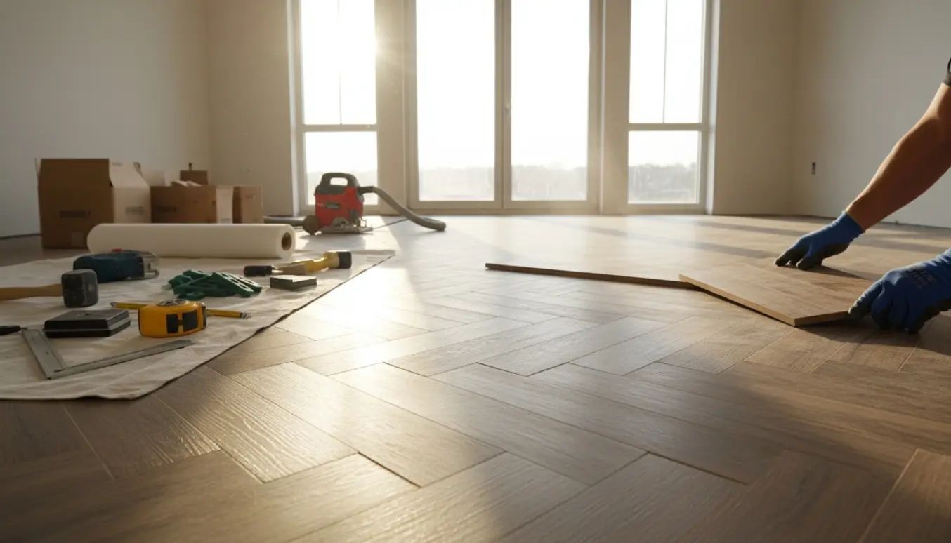 Delvist lagt sildebensgulv af vinyl/laminat i et lyst nybygget rum med værktøj og materialer spredt.