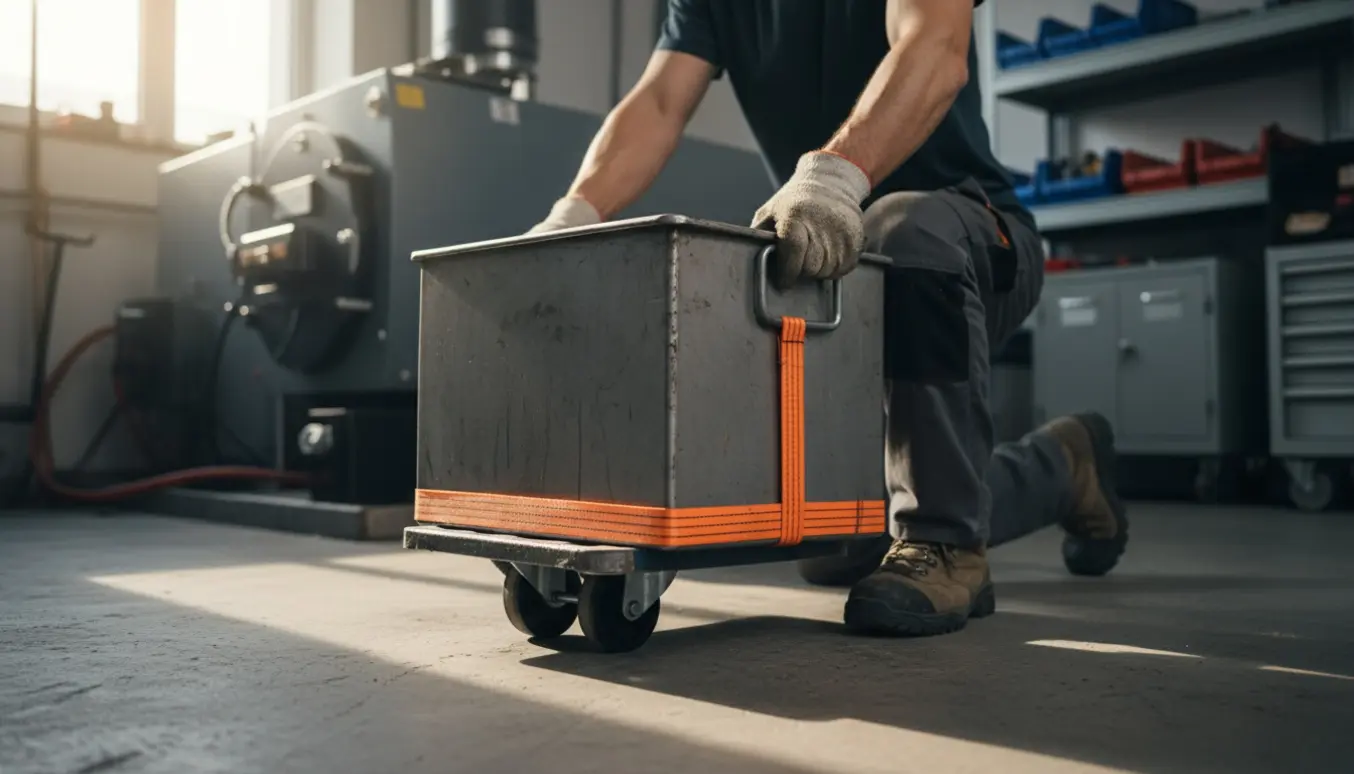 Hænder i arbejdshandsker løfter et tungt pillemagasin over på en rullevogn i et rydeligt kælder- eller værkstedsmiljø.