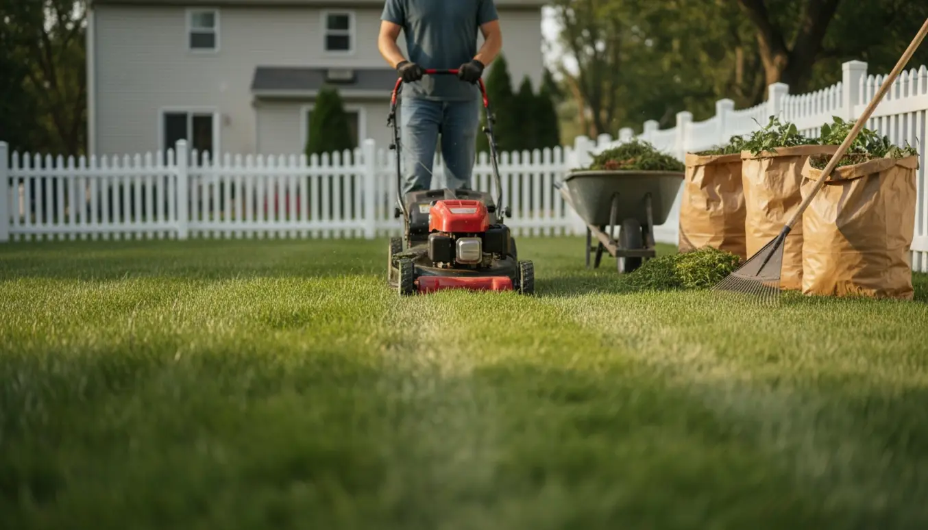 Bagvendt person klipper en mellemstor græsplæne med plæneklipper, friskklippet græs og haveaffald samlet i trillebør.