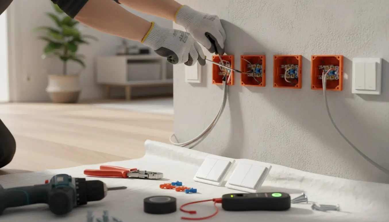 Nærbillede af hænder, der monterer to stikkontakter og to korrespondanceafbrydere i en væg.