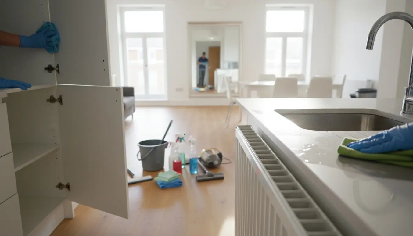 Hænder rengør radiator, køkkenskab og afkalker et armatur i en lys, ryddelig lejlighed.