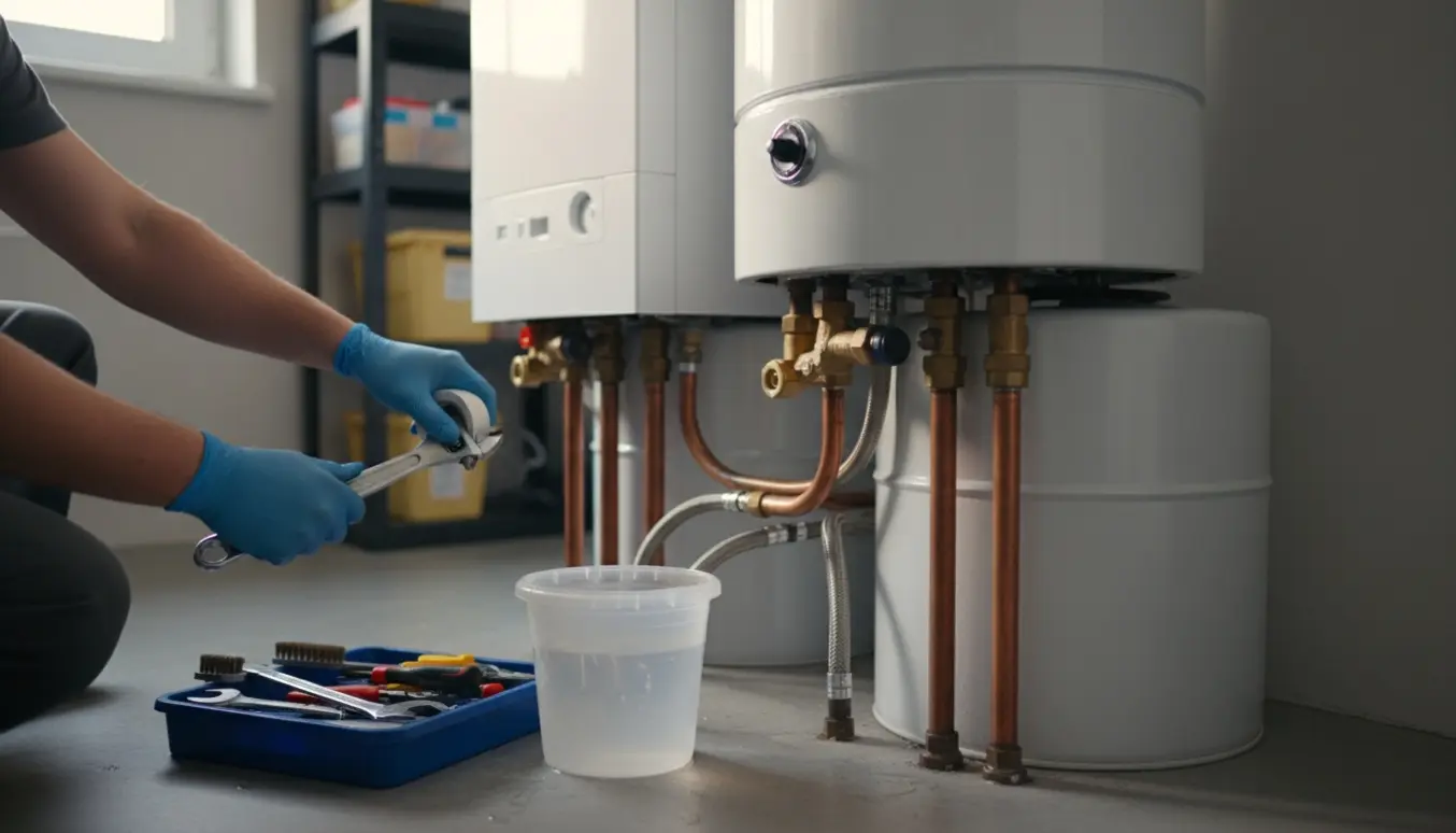 Udskiftning af varmtvandsbeholder på et gasfyr i et bryggers med værktøj og handsker.