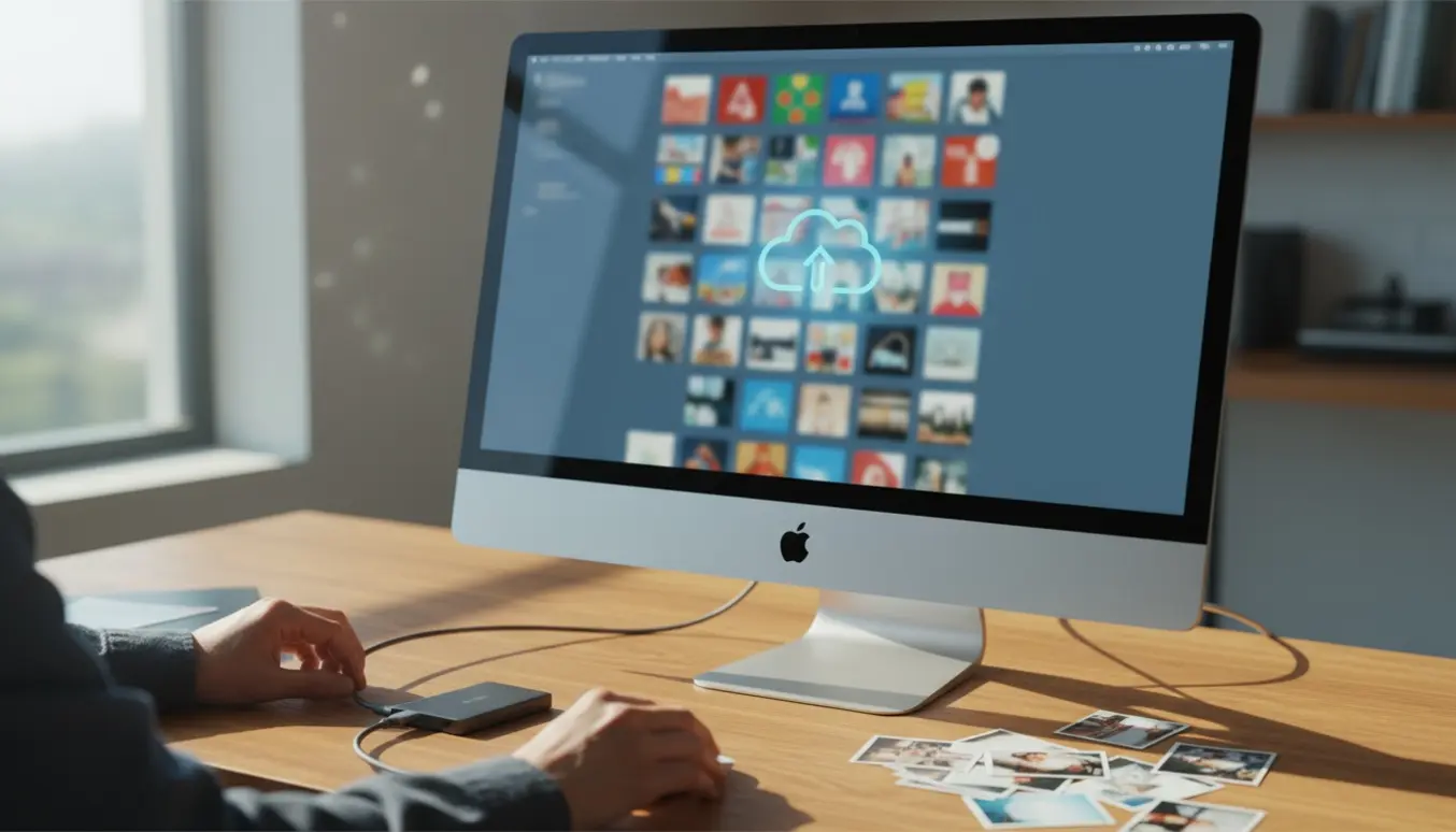 iMac på skrivebord med eksternt SSD og skærm, der viser fotos, der flyttes til skylagring.