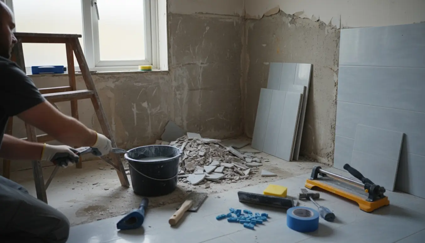 Badeværelse under renovering, håndværker fjerner gamle fliser fra gulv og brusevægge mens nye fliser og værktøj ligger klar.