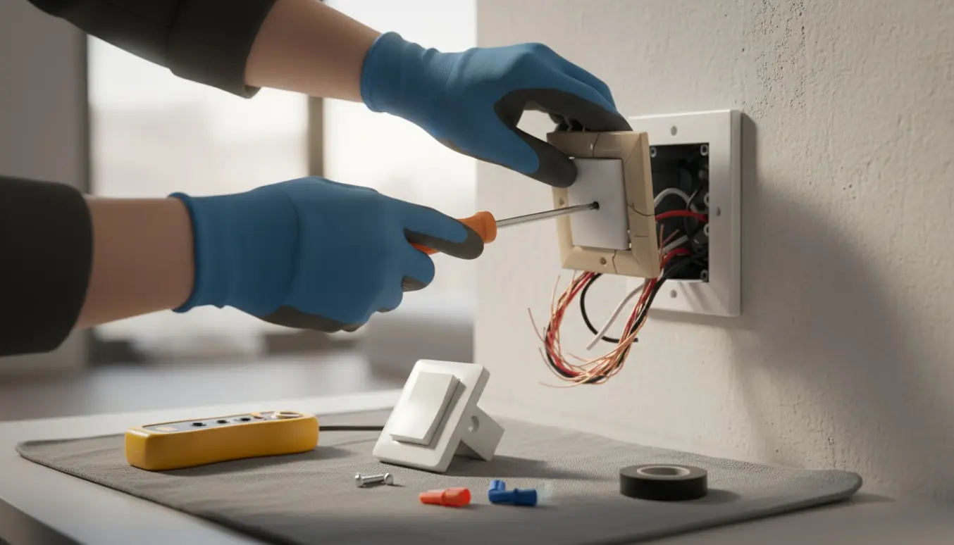 Hænder i isolerede handsker udskifter en knækket stikkontaktknap med nyt rocker-panel og værktøj.
