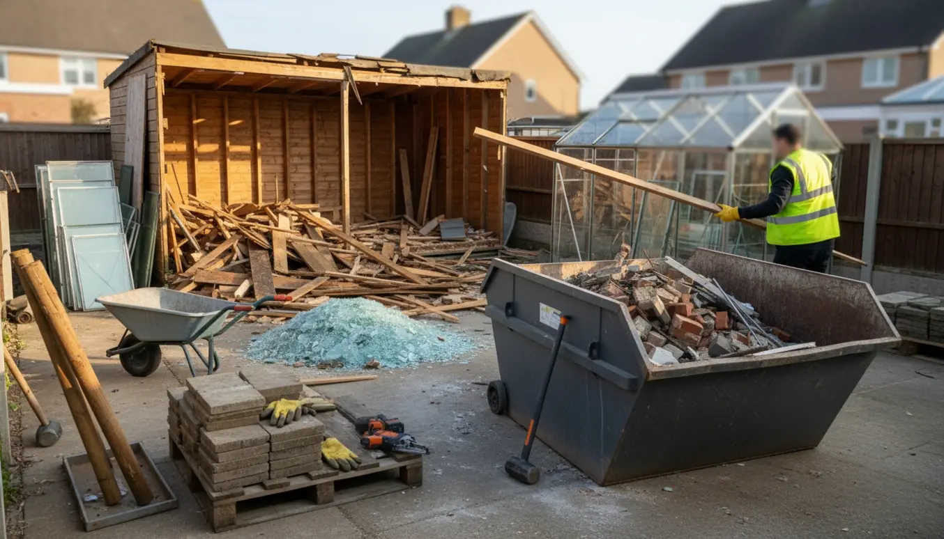 Delvist nedrevet dobbelt træskur og fjernet glasdrivhus i en baghave med værktøj og container klar til bortskaffelse.