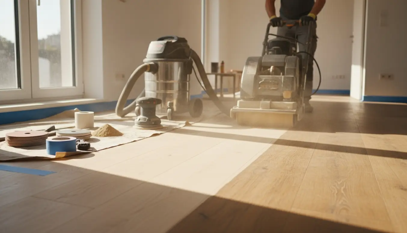 Gulvslibning af trægulv med en gulvslibemaskine og støvudsuger, synlig forskel mellem slebet og uslebet område.