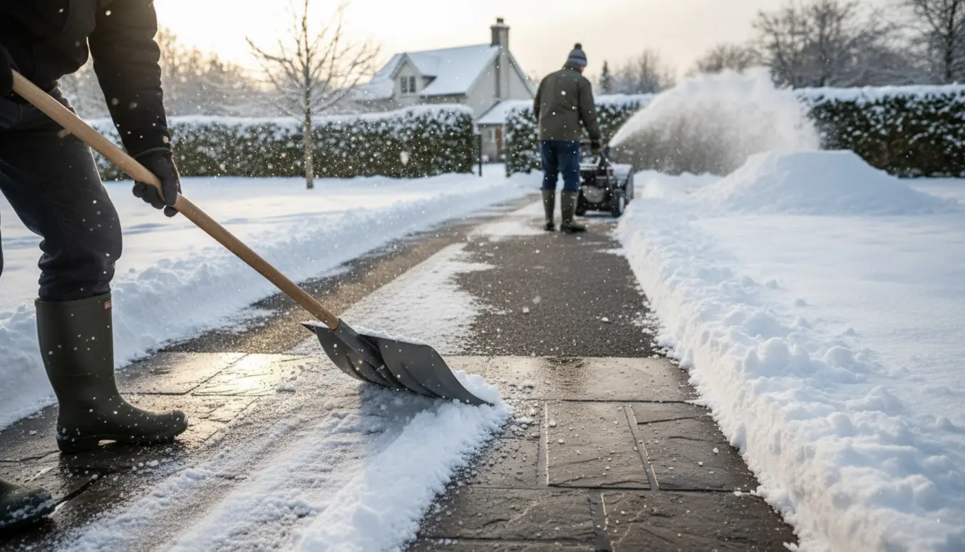 Person rydder sne fra indkørsel og havegange med skovl og sneblæser på en solrig vintermorgen.
