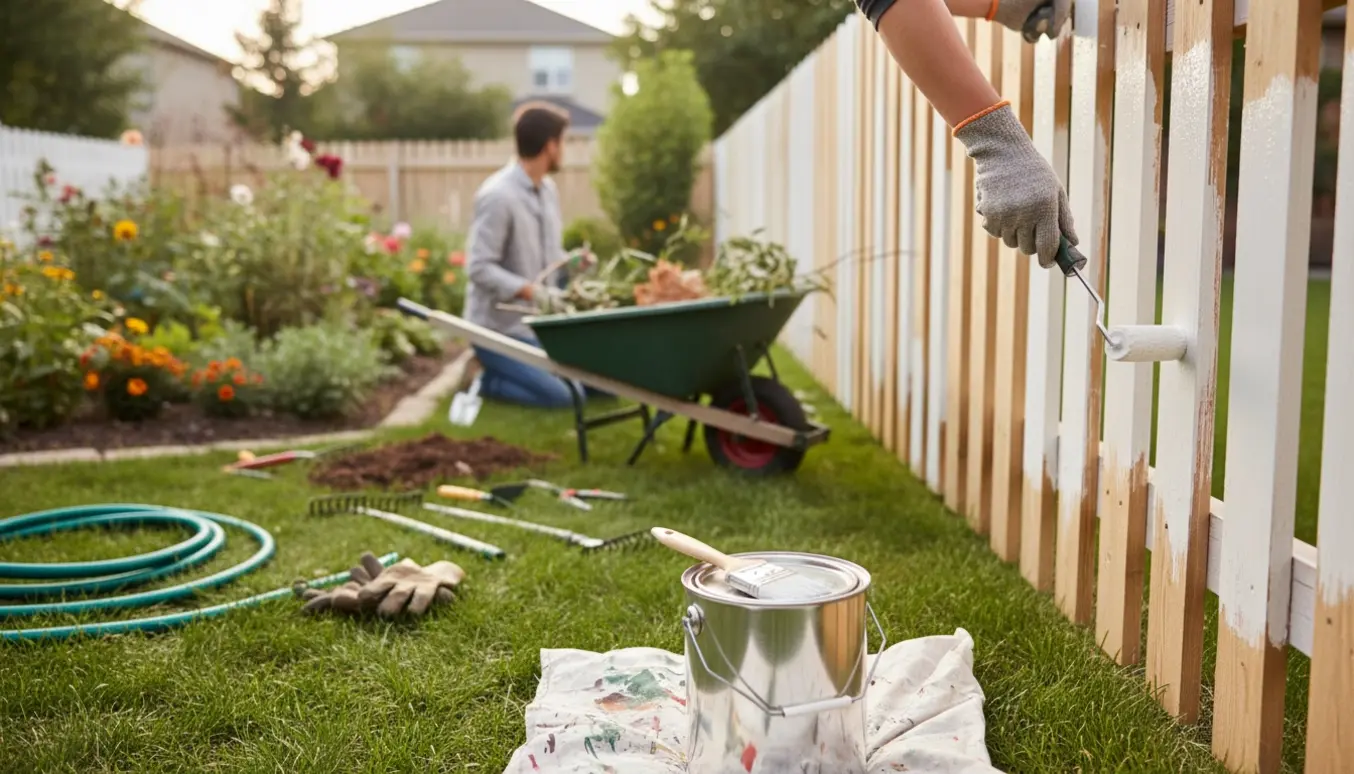 Have- og malerarbejde i en forstadshave med redskaber og nyligt malet plankeværk.