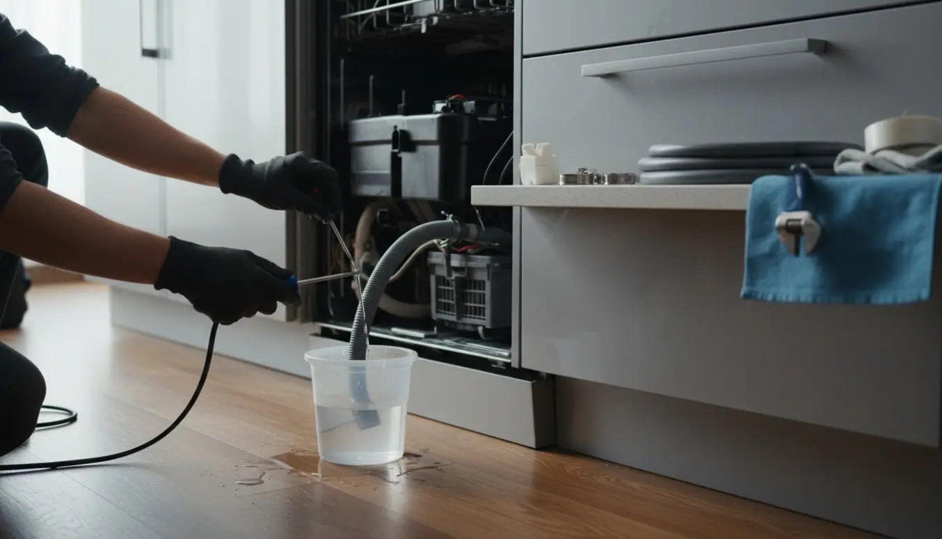 Hænder skifter afløbsslange og viser flowmåler ved en åben indbygget opvaskemaskine med værktøj og spand under.
