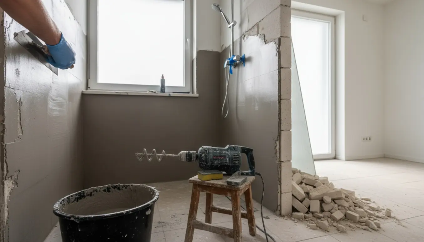 Hænder glatter microcement på fliser i et badeværelse med en fjernet brusevæg.