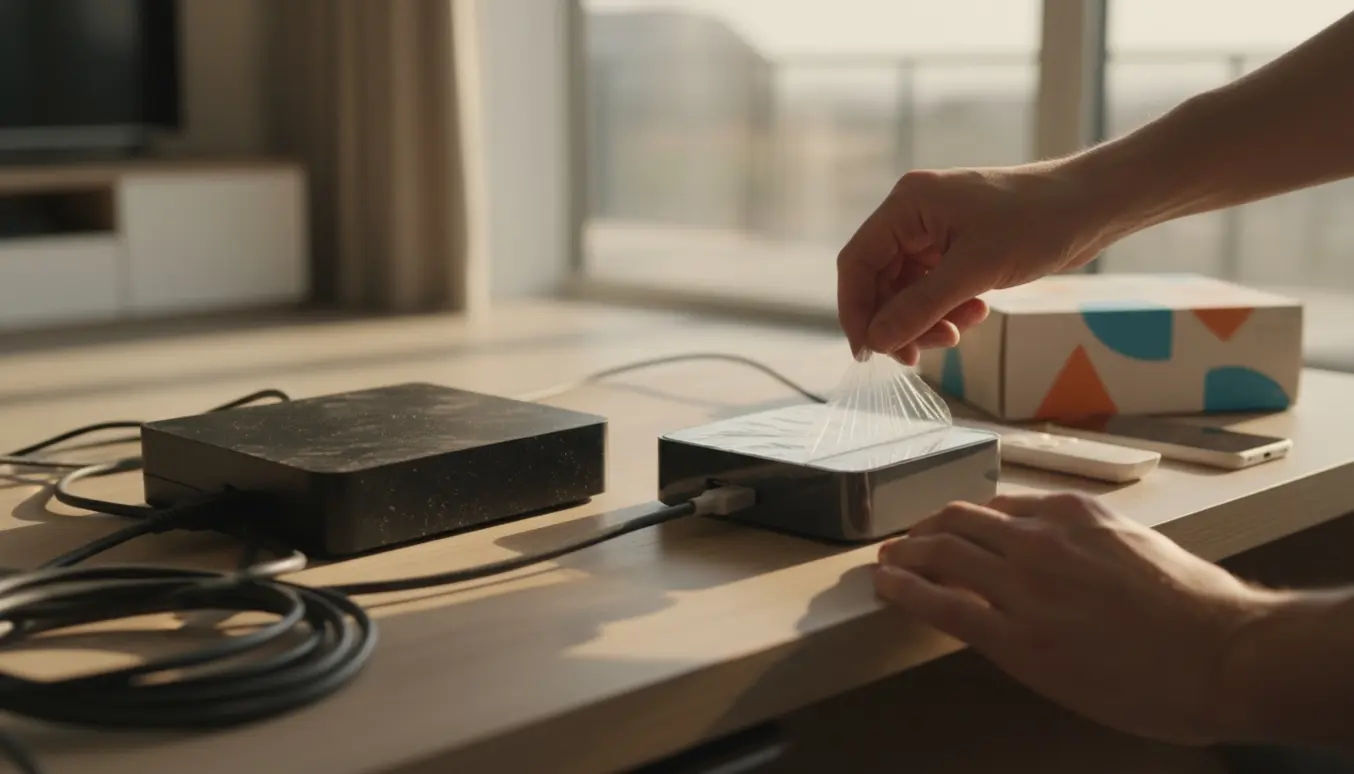 Hænder udskifter en gammel set-top-boks med en ny ved tv'et i en lys stue.