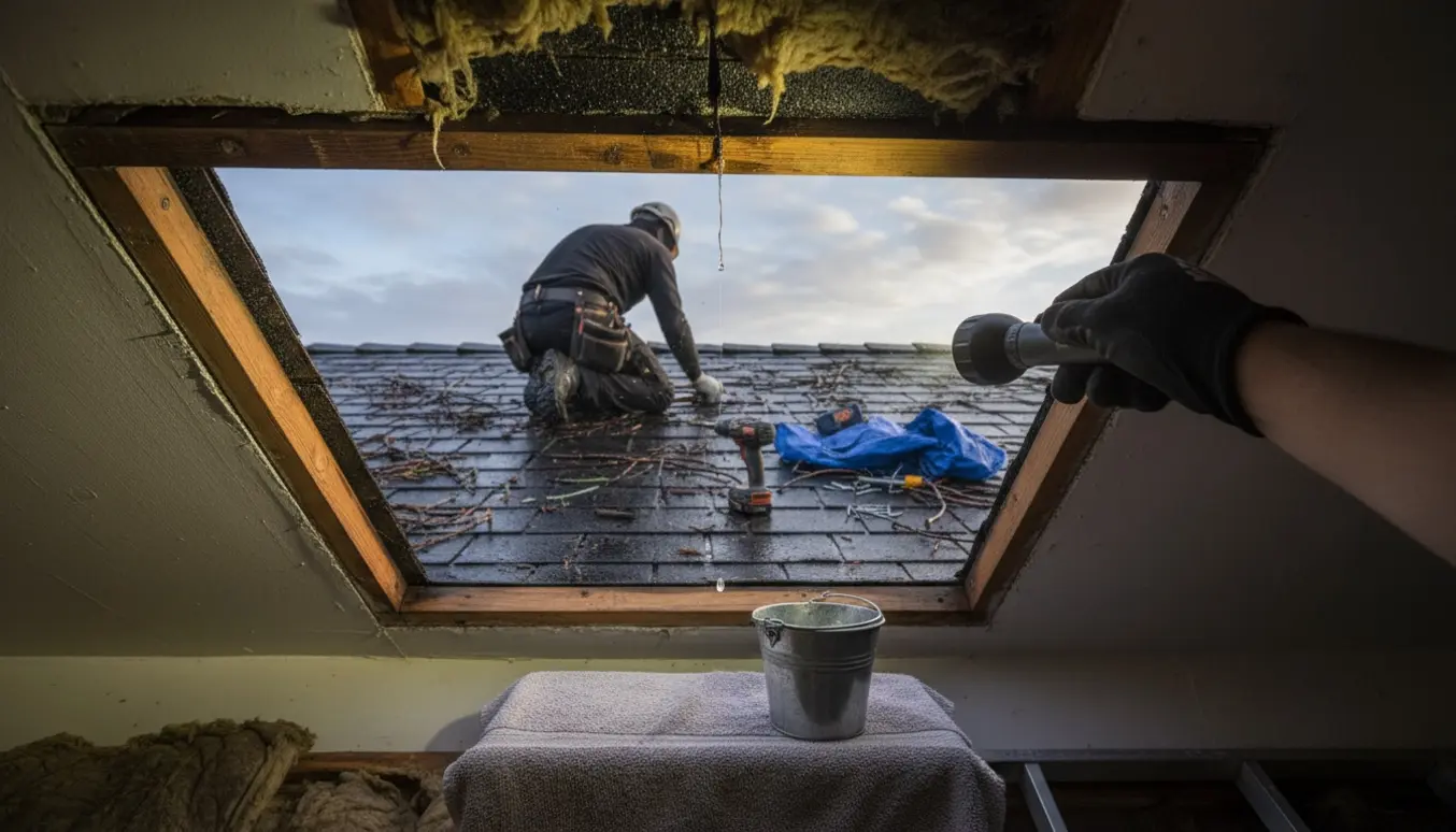 Håndværker inspicerer taget gennem åbent loftslem og tætner et læk efter stormen med stige og værktøj.