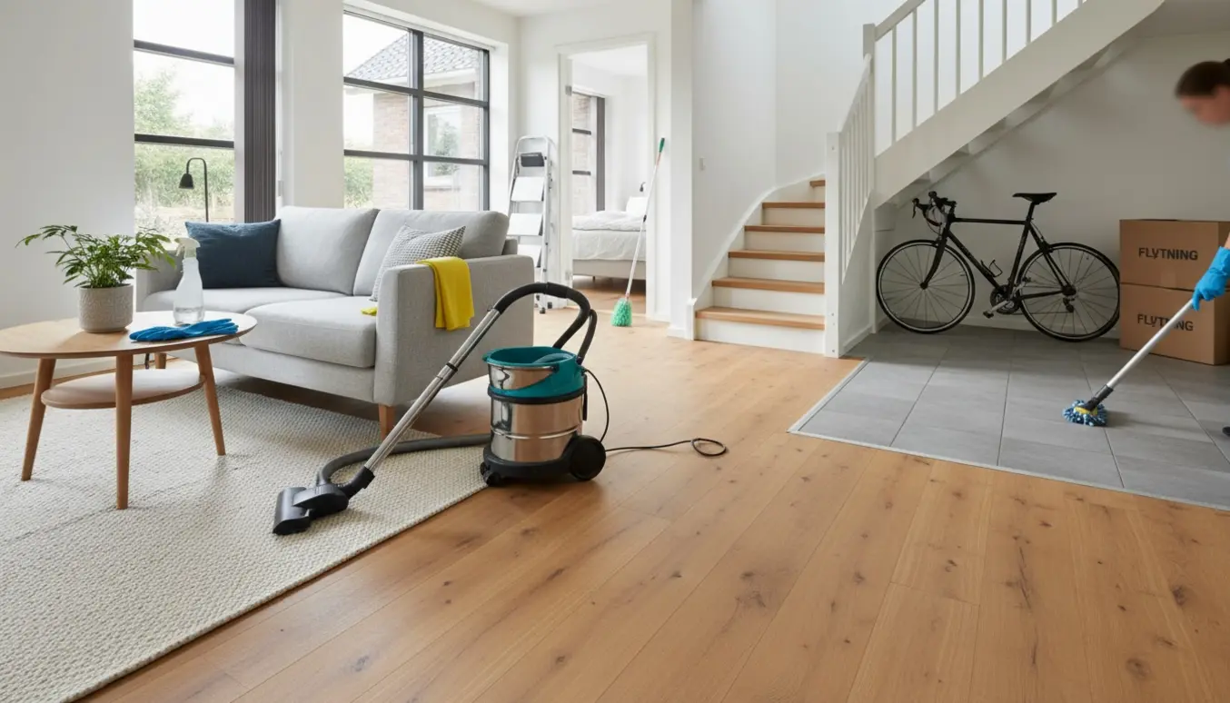 Interiør af parcelhus under rengøring med støvsuger, moppe og rengøringsudstyr i dagslys.