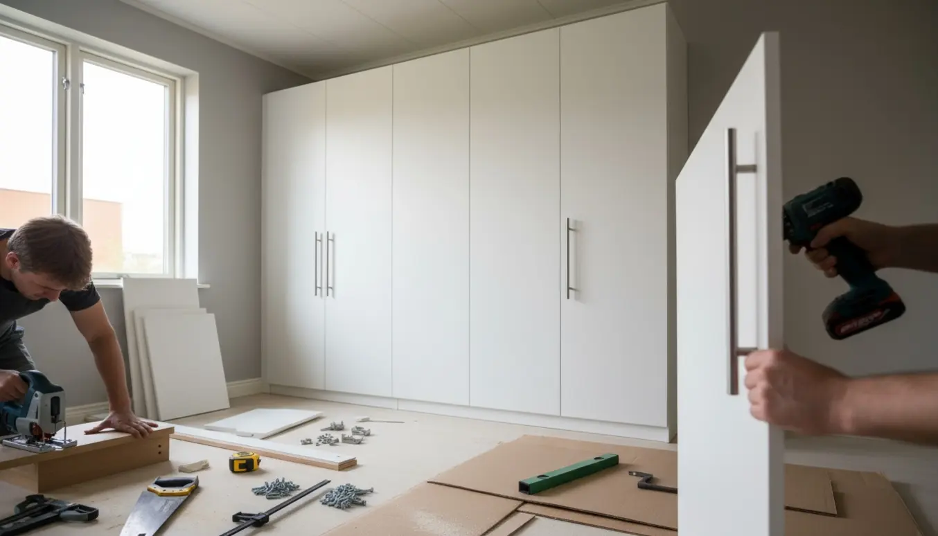 Hænder monterer et fem-sektions skab og tilpasser soklen i et rum med lavt loft.