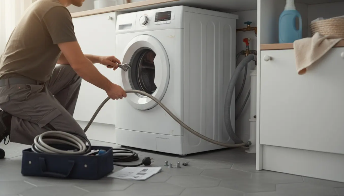 En brugt frontbetjent vaskemaskine bliver installeret i et lyst vaskerum, mens en tekniker tilslutter slanger.