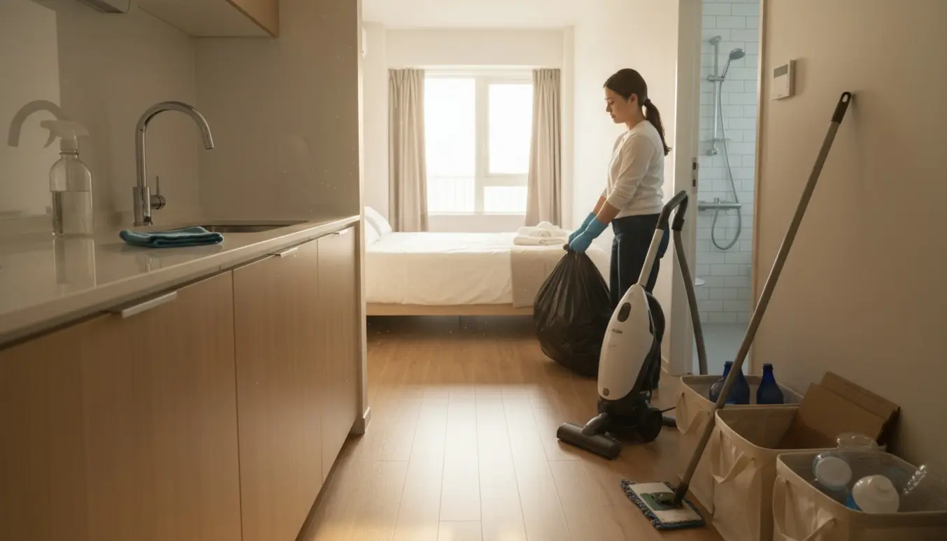 Rengøringsperson fra ryggen binder en affaldssæk ved indgangsdøren i en solfyldt, ryddet lille lejlighed.