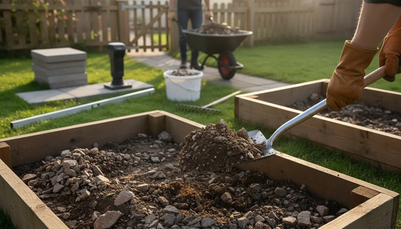 To små bede ryddes for jord og sten med skovl og trillebør ved en smal havelåge, klar til nivellering og fliselægning.