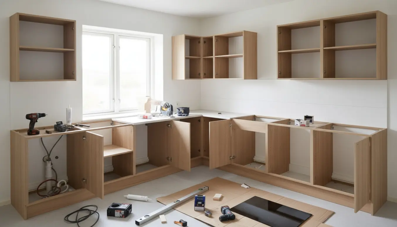 L-formet Vordingborg-køkken under montage med skabe, tilpasset bordplade til vindueskarm og forberedte udskæringer til kogeplade og vask.