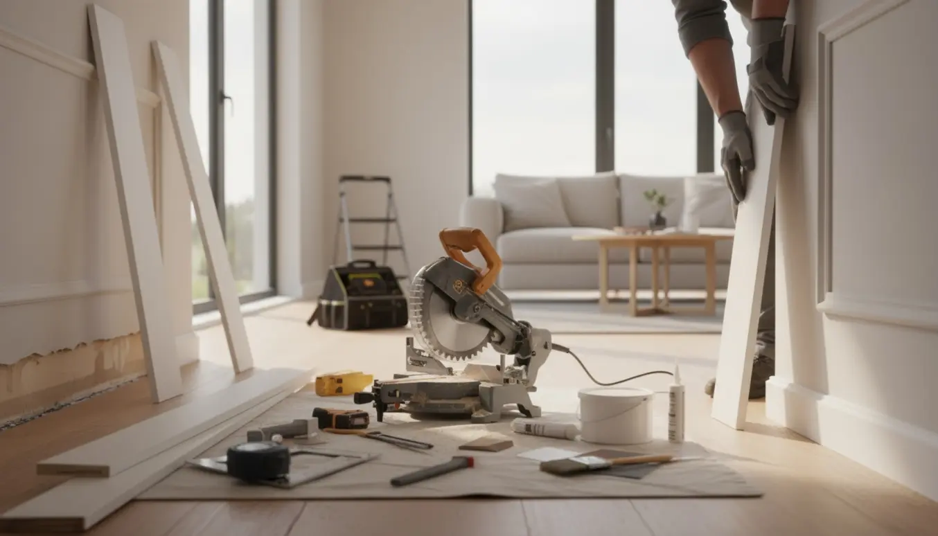 Hænder monterer nye fodpaneler i et lyst opholdsrum med værktøj og materialer lagt frem.