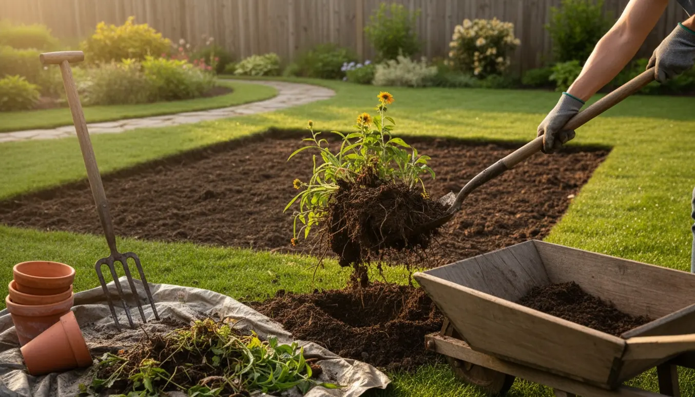 Nærbillede af et havebed, hvor planter er gravet op, og kun frisk jord og haveværktøj er tilbage.