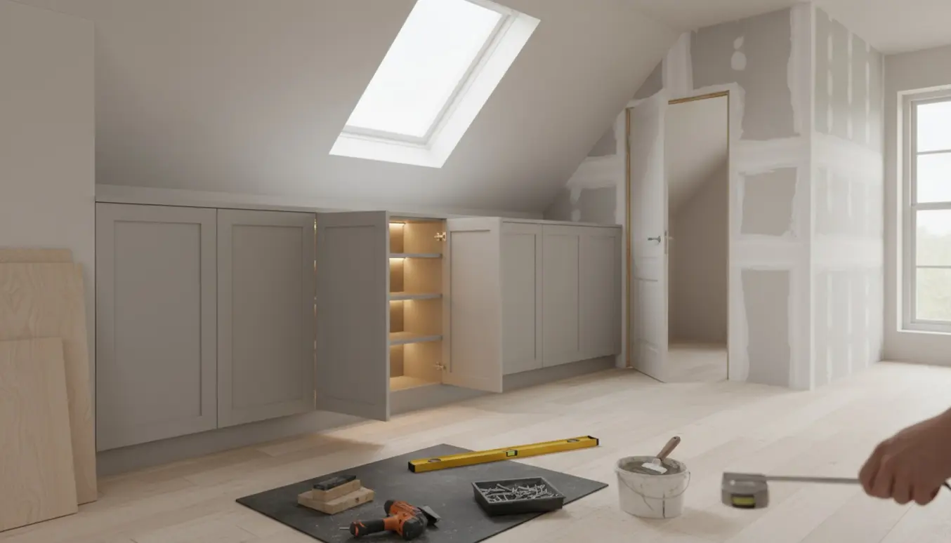 Indbyggede skabe under en skråvæg med halvfærdig gipsvæg og værktøj i et lyst loftsrum.