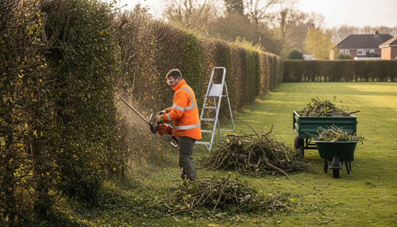 Havearbejder klipper en 3 m høj tjørnehæk ned til ½ meter langs en lang række med bunker af afklip og en trillebør.