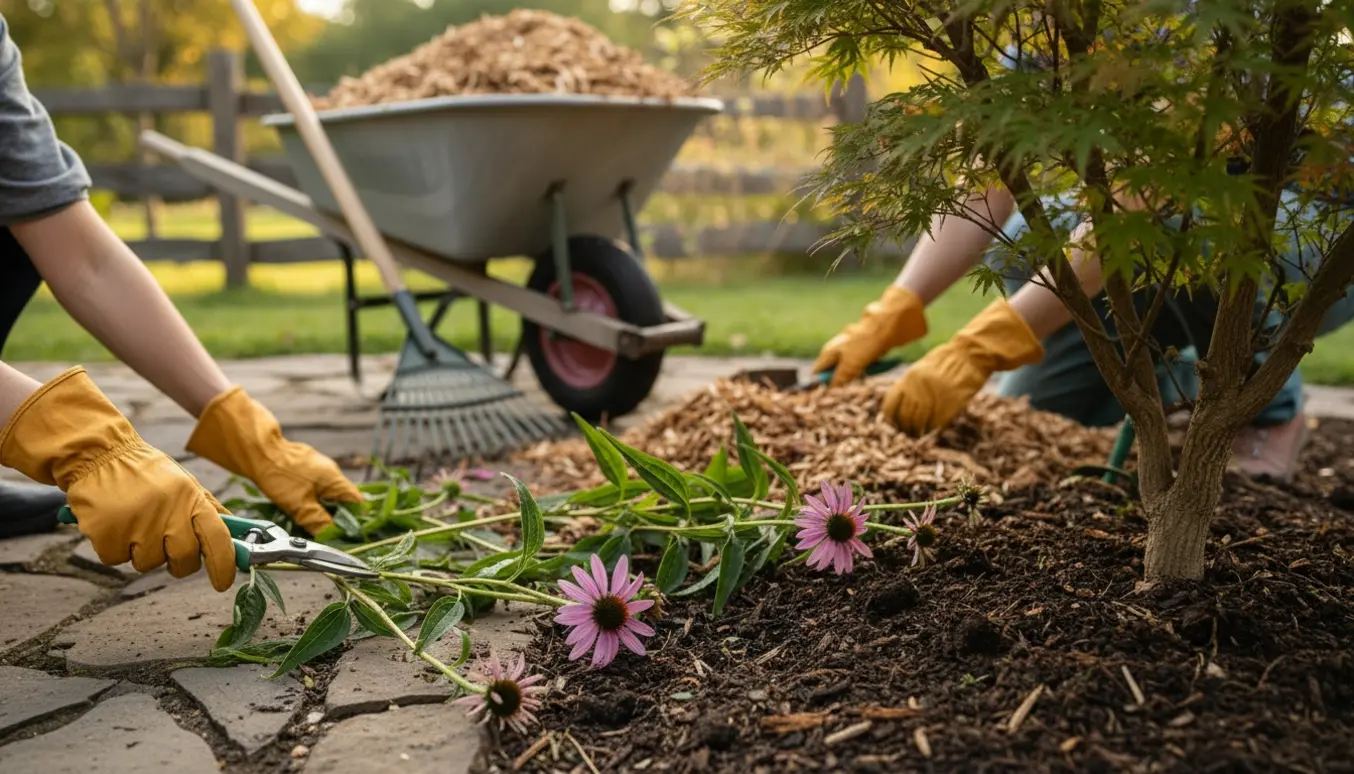 En person med handsker klipper blomster og buske i et bed på cirka 10–15 kvadratmeter og fordeler frisk flis.