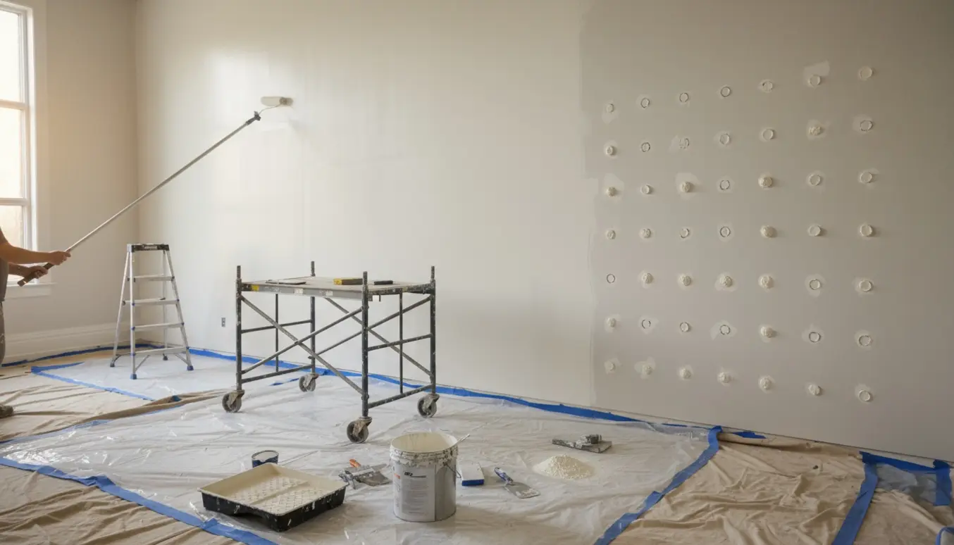 Lang indvendig væg delvist spartlet og malet hvid med ruller, afdækning og stillads.