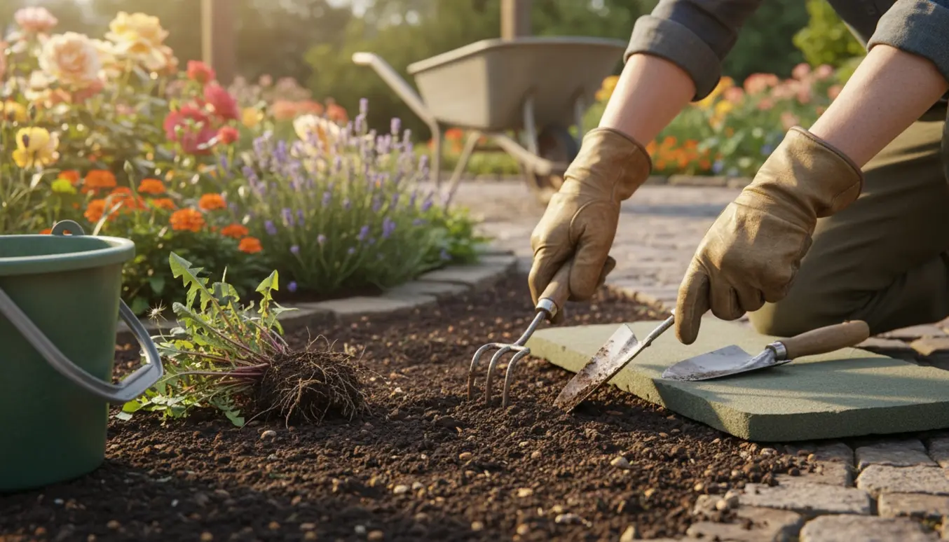 Nærbillede af hænder, der luger ukrudt fra en blomster- og køkkenbed med haveværktøj og kompostspand i blødt morgenlys.