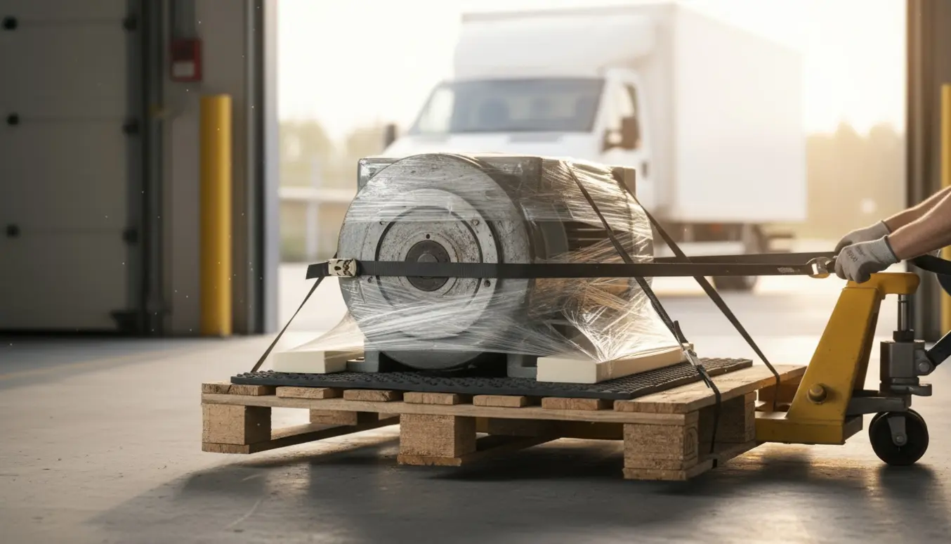 En tung motor på en lille træpalle sikret med stropper i et læsseområde.