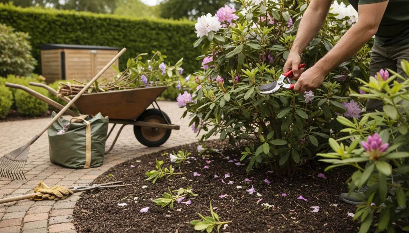 Hænder beskærer en busk i en velplejet have med redskaber og en trillebør ved siden af.