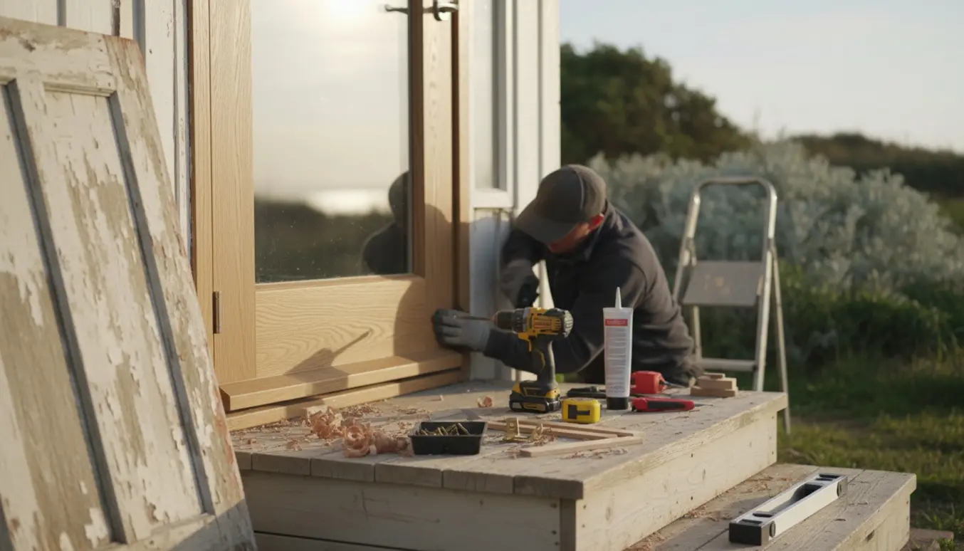 Udskiftning af gammel sommerhus-hoveddør med ny trædør med rude, håndværkere og værktøj på trætrappen.