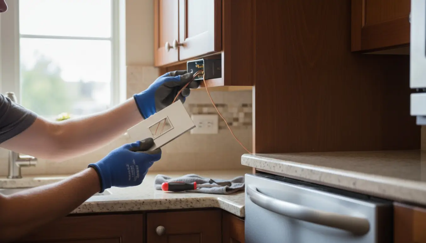 Hænder monterer en stikkontakt under et køkkenskab ved siden af en opvaskemaskine.