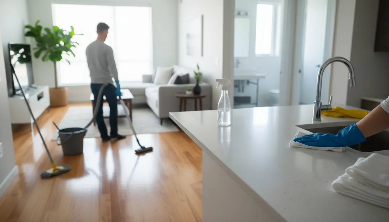 Rengøring af lejlighed med støvsuger, moppe og rengøringsmidler i solbelyst stue.