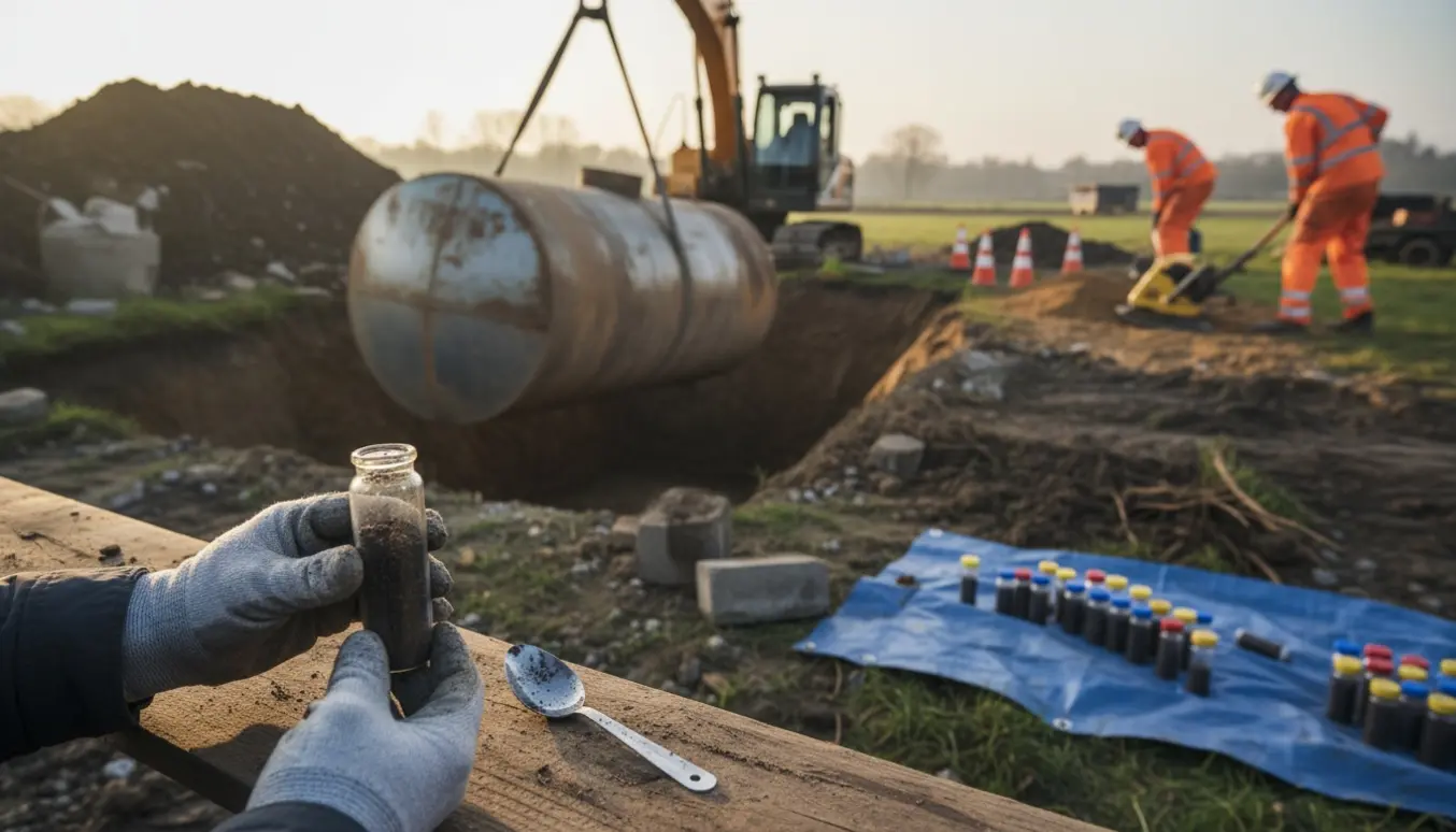 Nærbillede af handsker holder en jordprøve foran en gravemaskine, mens en rusten olietank løftes og hulrummet efterfyldes.