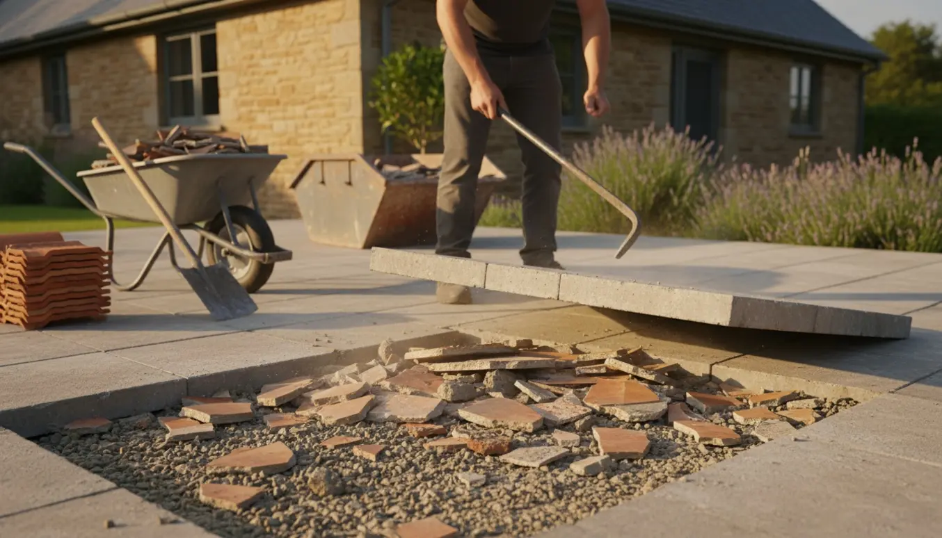 Opbrudt hævet terrasse med løse fliser, bunker af murbrokker og en trillebør klar til bortkørsel.
