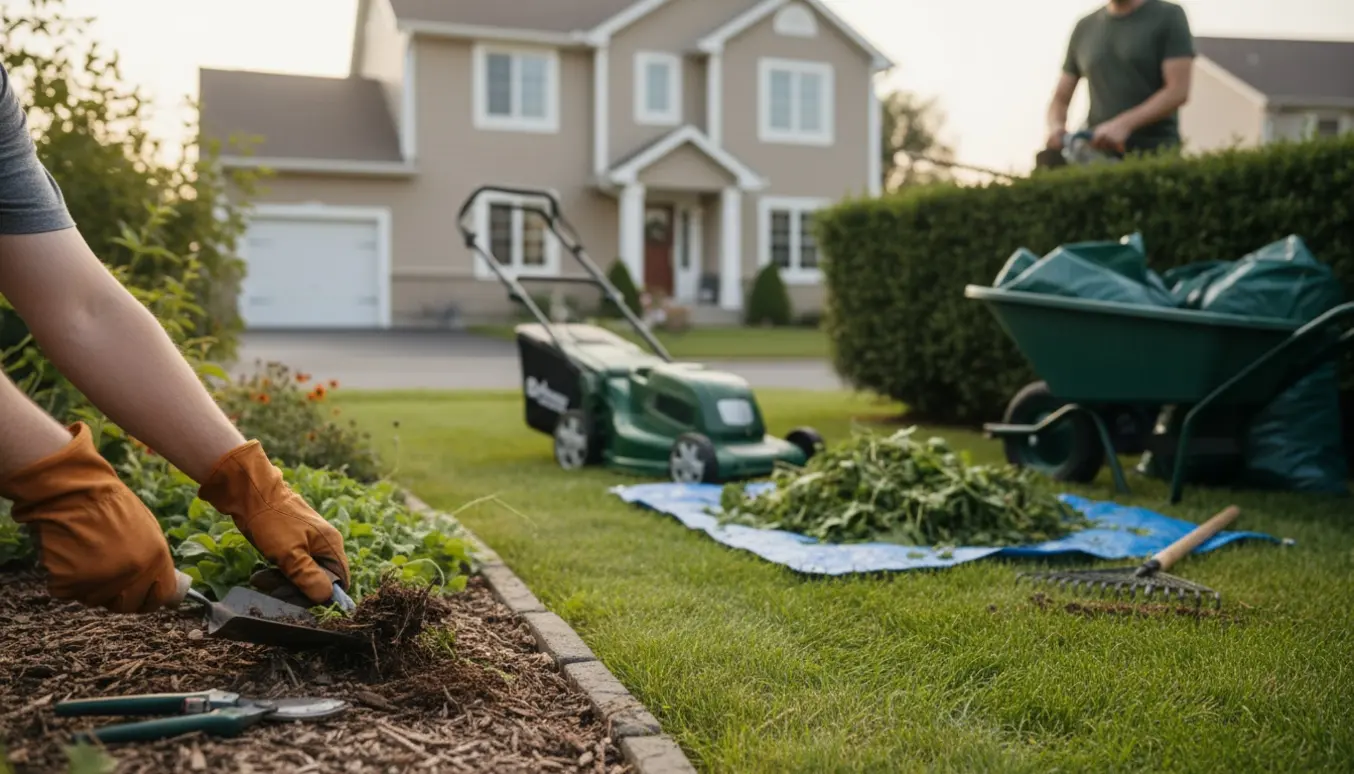 Havearbejde foran et pænt hus før salg med slået græs, klippet hæk og hænder, der luger bede.