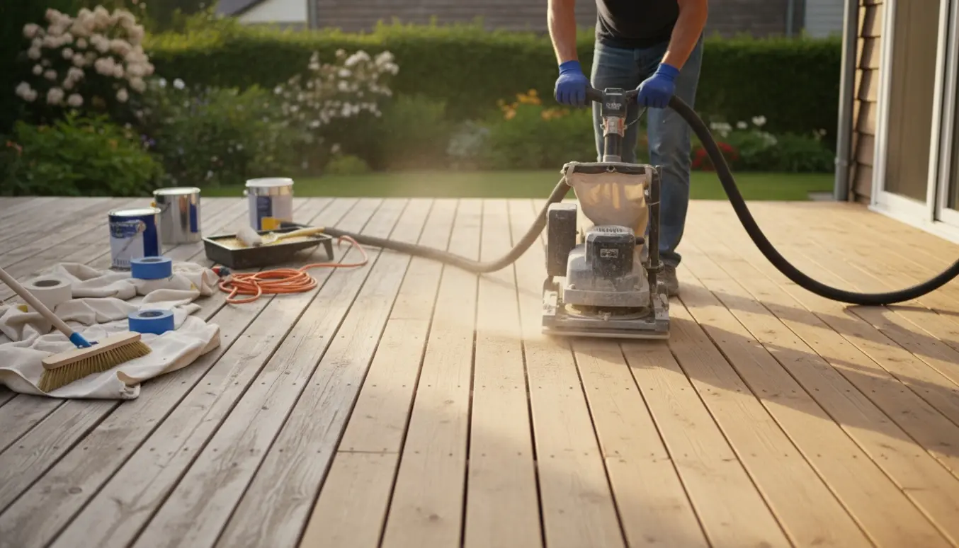 Nærbillede af en træterrasse der er delvist slebet med værktøj og malergrej klar til maling.
