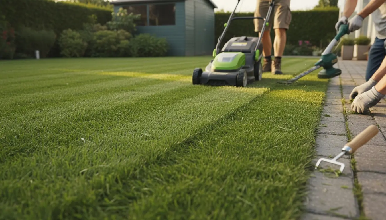 En lille plæne bliver slået og kanten trimmer langs en belægning, med frisk afklippet græs og fjernede ukrudtsfuger.