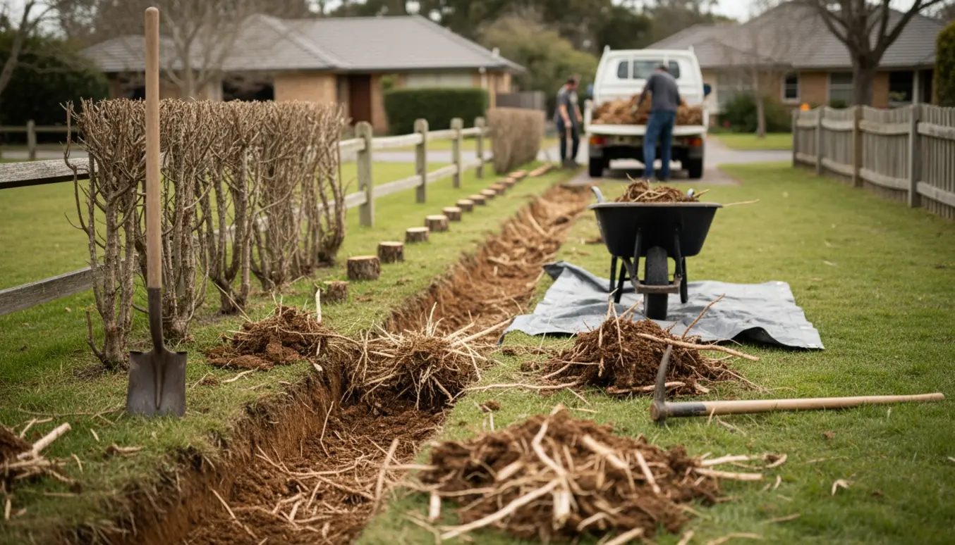 Opgravning af en gammel hæk ved skel med rødder og jord klar til bortkørsel.