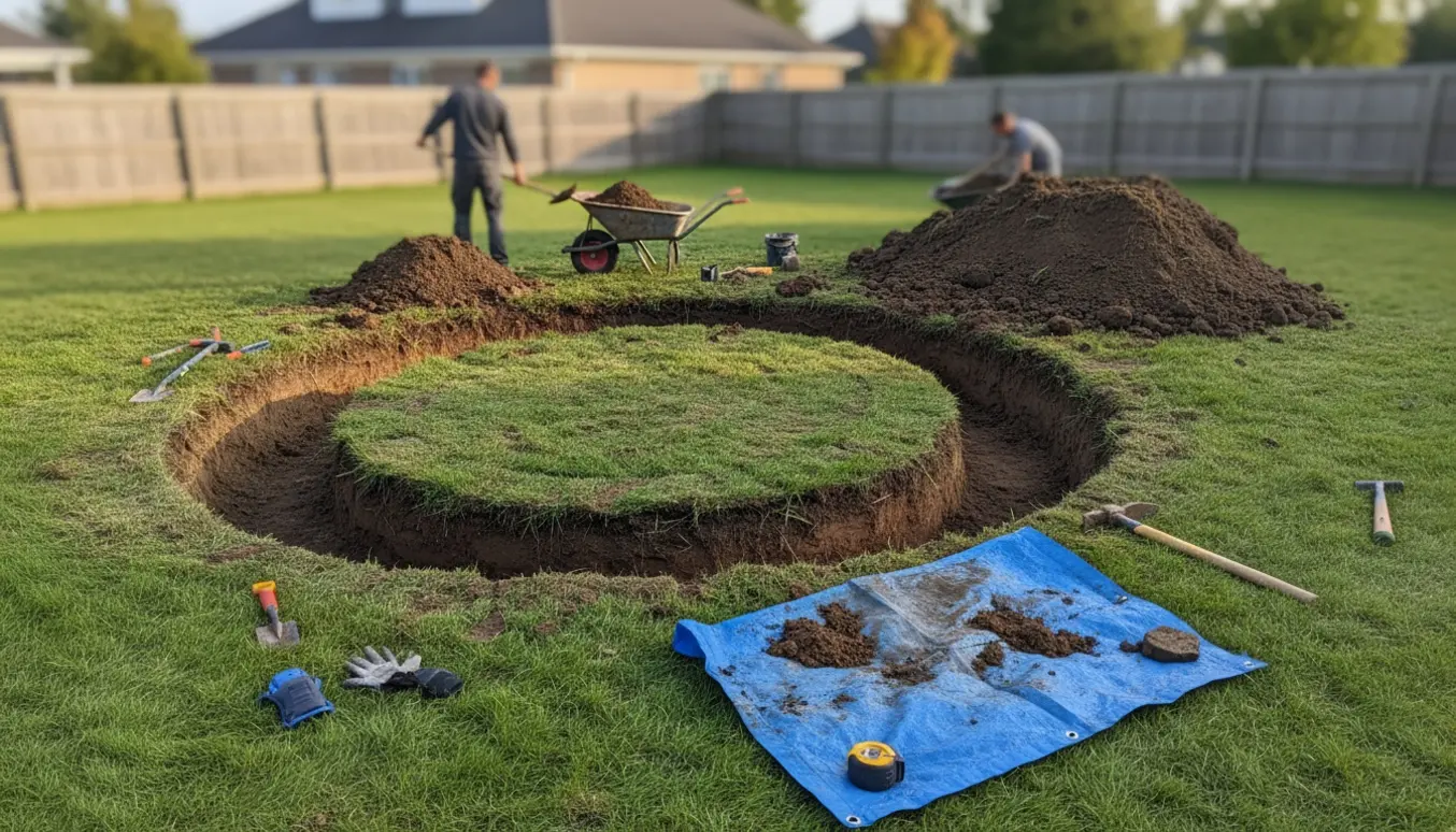Udgravning i haven til trampolin med en cirkulær rende, trillebør fyldt med jord og en jordbunke i forhaven.