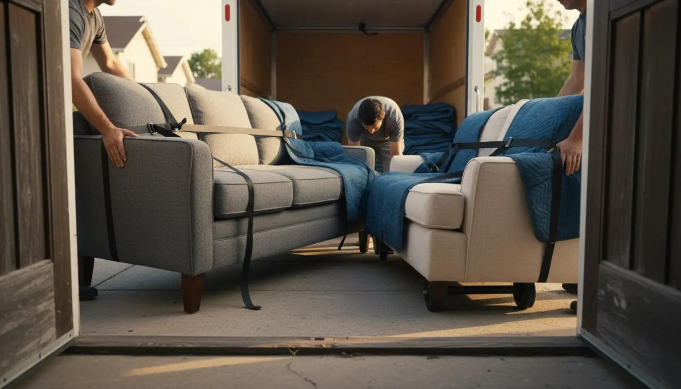 To sofaer bæres ind i en flyttevogn uden tydelige ansigter, med flyttetæpper og stropper ved en bolig.