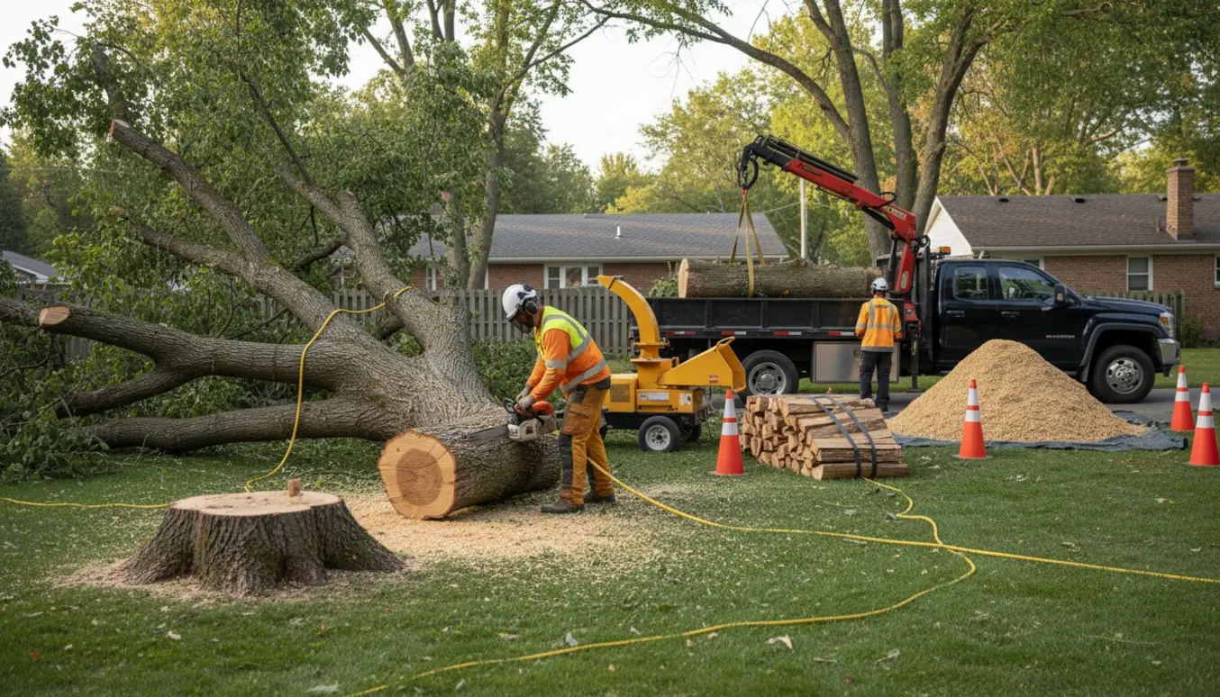 Fældning og læsning af et træ i en have med arbejdstagere i sikkerhedsudstyr klar til bortkørsel.