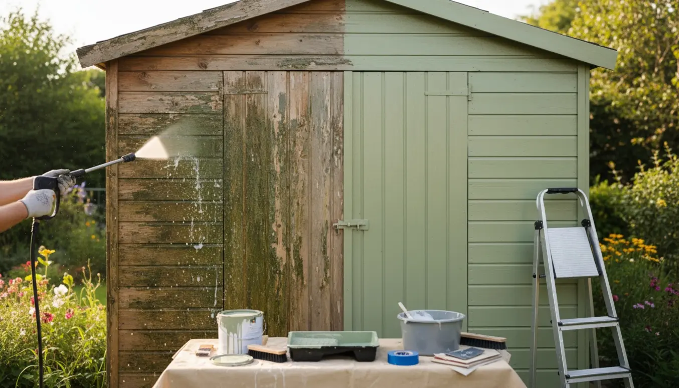 Haveskur halvt renset for alger og delvist nymalet, hænder i handsker ruller maling på træet.